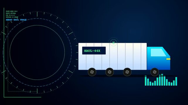 Advanced smart container tracking system monitors a modern freight truck actively moving on a digital display, showcasing real time logistics data for efficient delivery management.