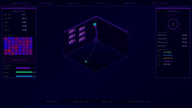 Dynamic digital interface showcasing Smart Container Tracking operations. Robotic sensor scans an isometric room, analyzing complex data matrices and efficiency with glowing neon graphics.