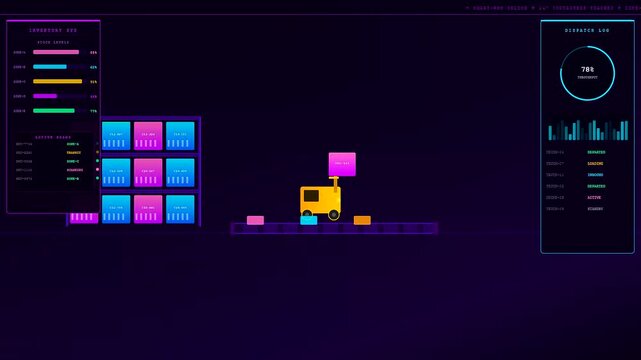 Futuristic animated display illustrating an advanced smart container tracking system managing inventory with robotic automation and vibrant real time data analysis on a dark interface.