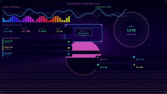 Dynamic Smart Container Tracking interface visualizing complex data via vibrant holographic elements. Displays real-time metrics for efficient logistics and operational oversight on a dark grid.