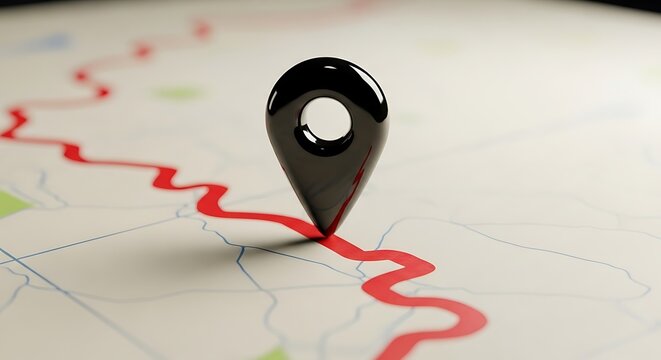 Location marker pin sits on a winding red path across a detailed map. The macro shot features clean studio lighting and professional depth of field. Ideal for navigation and travel marketing.
