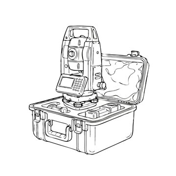 Total Station Surveying Instrument in Open Protective Carrying Case Line Art Illustration for Construction and Engineering