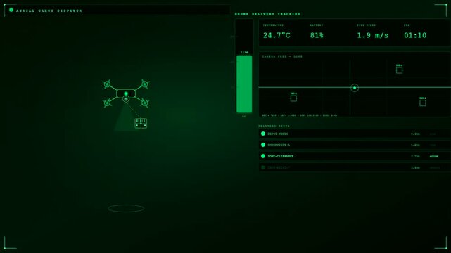 This futuristic interface showcases dynamic smart container tracking, displaying essential real time drone delivery data including temperature, battery, wind speed, and progress updates.