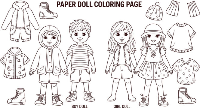 Paper Doll Coloring Page with Boy and Girl Outfits