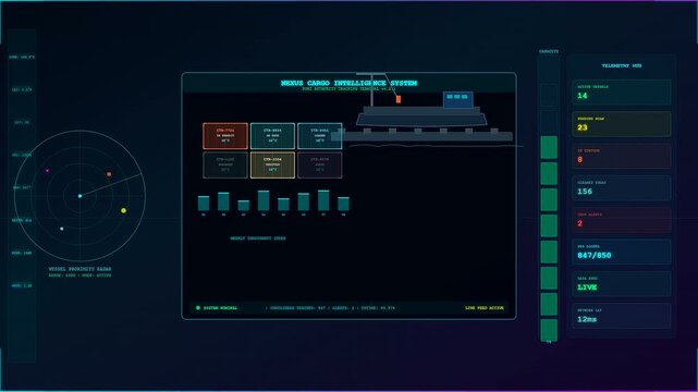 A sophisticated futuristic interface displaying real-time smart container tracking and vessel telemetry provides comprehensive data for efficient global logistics management and maritime operations.