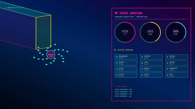 Dynamic digital twin system visualizing Smart Container Tracking with real-time data flow and active sensor monitoring. Sleek dark blue interface crucial for advanced global logistics management.