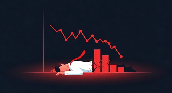 Economic recession scene features a professional lying under descending red line graphs and bar charts with cinematic lighting and sharp focus. Ideal for financial crisis blog posts.
