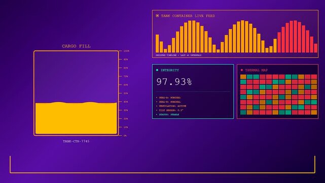 Advanced smart container tracking systems dynamically display real time cargo fill levels and critical integrity data on a glowing futuristic digital interface, enhancing global logistics efficiency.