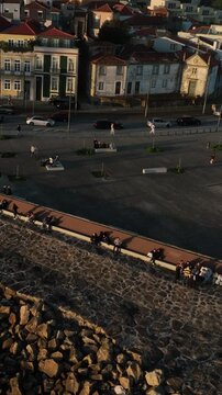 Drone Footage of Foz do Douro Waterfront in Porto Portugal During a Golden Sunset