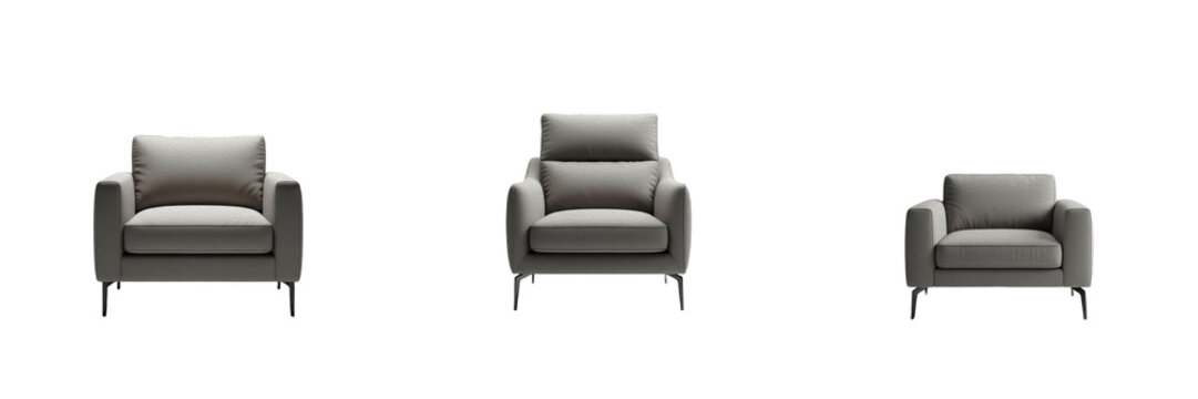 Modern Grey Fabric Armchair Lounge Single Sofa Set Isolated on Transparent Background, Contemporary Furniture PNG Collection