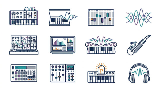 Collection of electronic music production equipment and sound waves.
