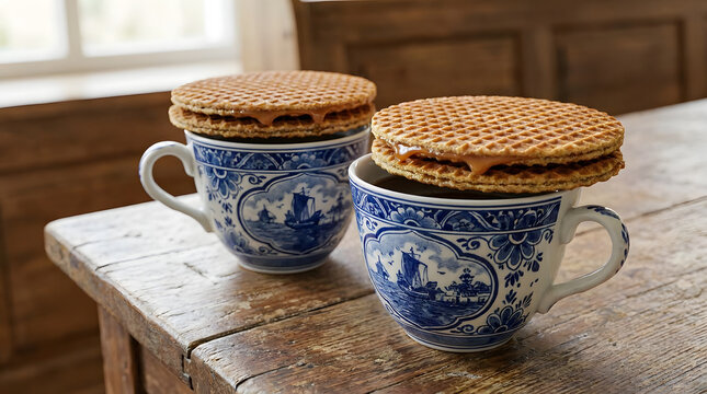 Traditional Dutch stroopwafels on blue and white Delftware cups resting on wooden table by window. Generative AI image