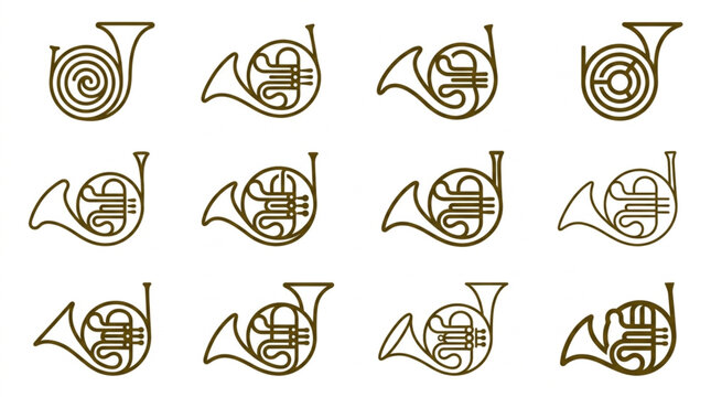 Collection of French Horn Illustrations in a Grid Pattern.