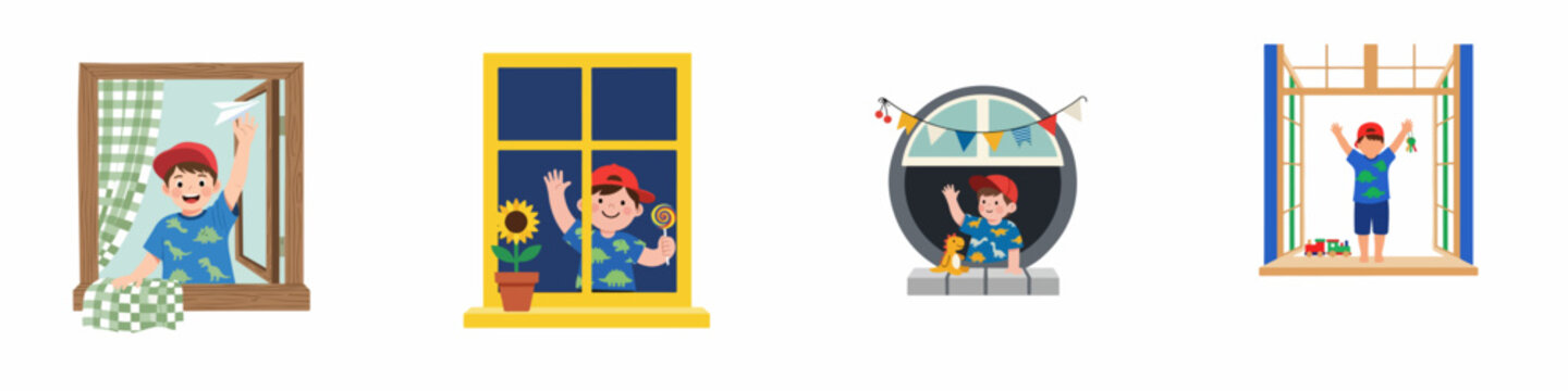 Set of Illustrations Featuring a Cheerful Young Boy Playing and Waving from Different Window Styles, Including Square, Yellow, and Round Windows.