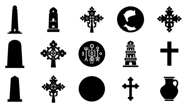 Ethiopian religious icons and cultural symbols set, 15 black vector silhouettes of orthodox crosses and obelisks, traditional heritage elements for design