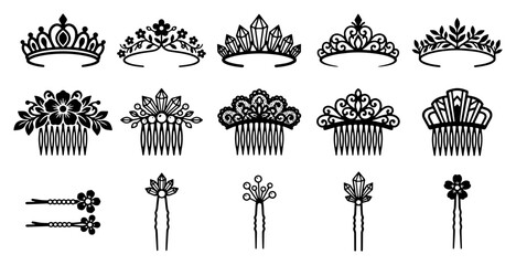 Elegant bridal hair accessories vector set, 15 black tiara and hair comb icons, royal wedding jewelry silhouettes for beauty salon branding © Asset Aura