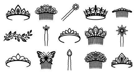 Elegant bridal hair accessories vector set, 15 black tiara and hair comb icons, royal crown and wedding jewelry silhouettes for beauty branding © Asset Aura
