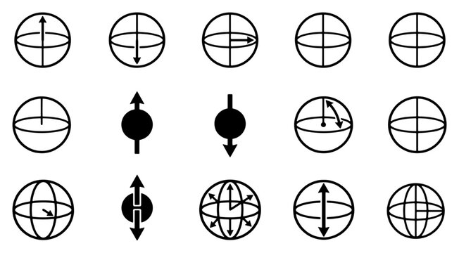 Quantum physics Bloch sphere icons set, 15 vector symbols for qubit state and electron spin, scientific diagrams for quantum computing and mechanics