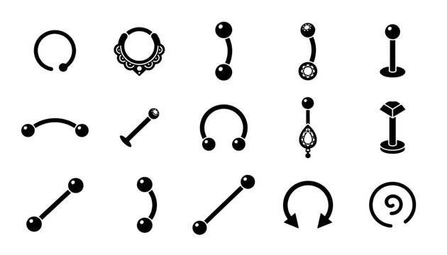 Body piercing jewelry icons set, black metal studs and rings vector collection, 15 professional piercing equipment symbols for studio branding