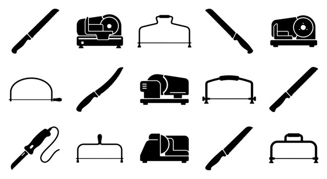 Professional meat slicer and bread knife icon set, 15 black silhouette kitchen cutting tools, deli slicer and electric carving knife vector illustrations