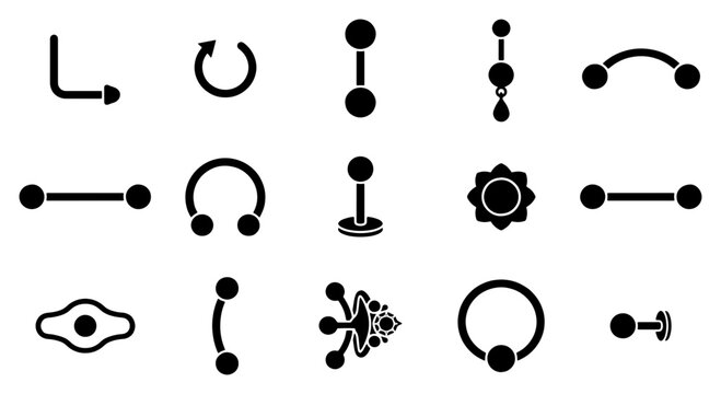 Body piercing jewelry icons set, 15 black vector silhouettes of barbells and rings, surgical steel jewelry for ear nose and belly button