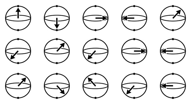 Quantum Bloch sphere icons set, 15 vector diagrams of qubit state rotation, mathematical physics symbols for computing and science