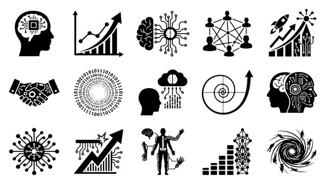 Artificial intelligence icons set, 15 black vector symbols for machine learning and data science, business growth and technology innovation graphics