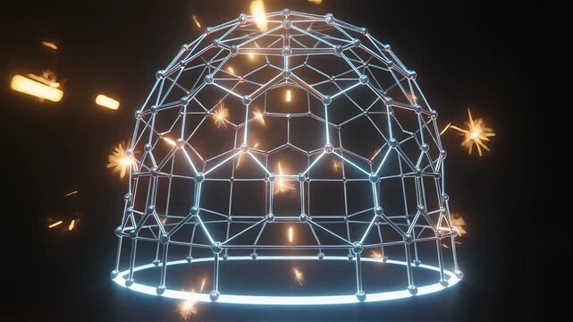 Glowing structural dome grid with floating golden particles spinning in a dark space creating a mesmerizing visual display of geometric motion and abstract light patterns for modern digital technology