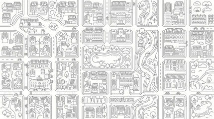 Fototapeta premium Sustainable Smart City Map Line Art Illustration, Eco-Friendly Urban Planning with Solar Panels and Green Spaces, Coloring Page for Kids and Adults