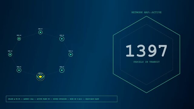 Sophisticated Drone Delivery Network interface featuring glowing hexagonal radar maps. Tracking data shows logistics growth across screens depicting automated global parcel shipping systems.