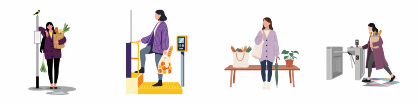 Flat illustration set featuring women carrying groceries while commuting via bus, subway, and walking, highlighting daily urban routines.