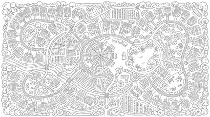 Obraz premium Sustainable Eco-Village Coloring Page: Aerial View of a Green Community with Solar Powered Homes, Gardens, and Permaculture Design Elements