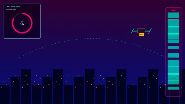 A high speed Drone Delivery Network displays real time data logistics for automated aerial logistics monitoring above a glowing stylized city silhouette at deep night time