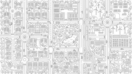 Fototapeta premium Aerial View of a Sustainable Smart City Map, Eco-Friendly Urban Planning Illustration with Solar Panels and Wind Turbines, Line Art Coloring Page Concept