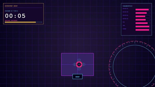 A high tech Drone Delivery Network monitoring interface displays real time countdown metrics and target tracking diagnostics to ensure precise package arrivals for urban logistics systems operations