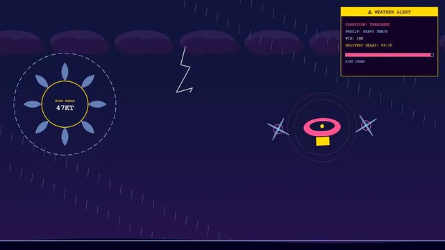 Digital Drone Delivery Network interface displaying adverse flight conditions including severe wind shear. 