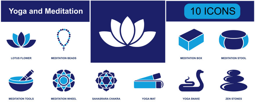 Yoga and meditation icon set. Containing lotus pose, mindfulness, chakra, breathing exercise, wellness therapy, spiritual balance and more. Solid fill vector icons collection.