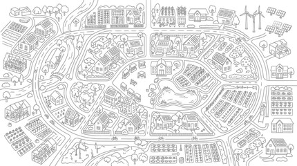 Fototapeta premium Eco-Friendly Sustainable Village Map Coloring Page with Solar Panels, Wind Turbines, and Community Gardens