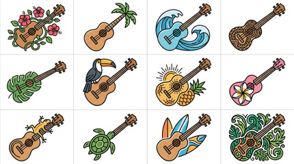 Collection of Hawaiian ukuleles with tropical themes and designs. © alik