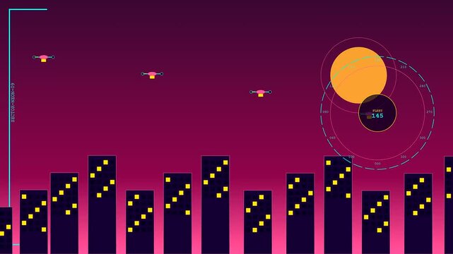 A Drone Delivery Network glides over a neon stylized cityscape at night while digital radar scanning interfaces track autonomous robotic units navigating through the urban skyline