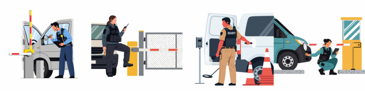 Diverse security guards inspecting vehicles and monitoring gated entrances at checkpoints with various tools, set of flat vector illustrations.