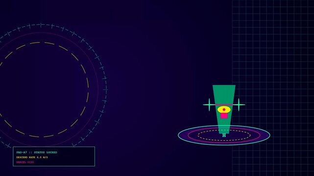 Automated Drone Delivery Network monitoring automated landing procedures for aerial freight transport. Displays real-time tracking data interfaces across a sequence of digital observation panels.