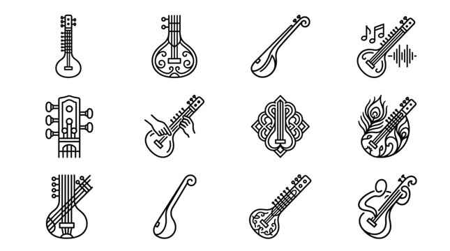 Collection of Indian String Musical Instruments Icons.