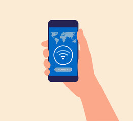 A person's hand holds a mobile device showing a global map and a Wi-Fi signal icon with a connect button © Artak
