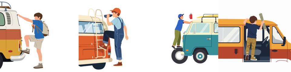 Set of illustrations depicting adventurous boys exploring and playing around vintage camper vans, capturing themes of childhood travel and outdoor discovery. © Tono