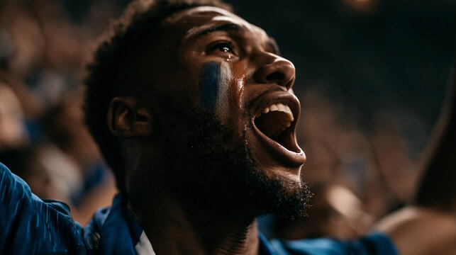 Unbridled Fanaticism: A passionate sports fan, adorned with face paint, erupts in a primal roar of excitement, his eyes closed in the heat of the moment, embodying the raw emotion of the game.