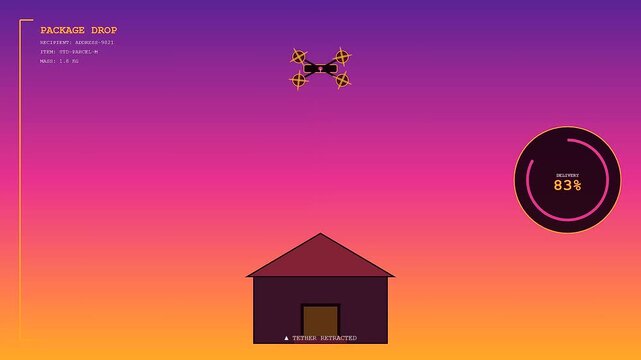 A modern Drone Delivery Network demonstrates an autonomous logistics process as the aerial robot drops a parcel onto a suburban rooftop during a vibrant sunset simulation