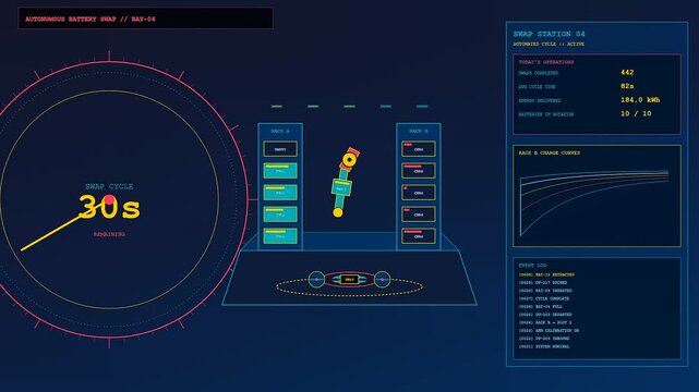 A high tech Drone Delivery Network monitoring system displays animated cycle progress and battery swap metrics in a clean minimalist interface designed for automated logistics operations control