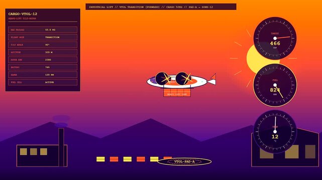 A futuristic Drone Delivery Network operates within an automated industrial landscape featuring dynamic telemetry data gauges and transition flight modes during a vibrant sunset sky aesthetic