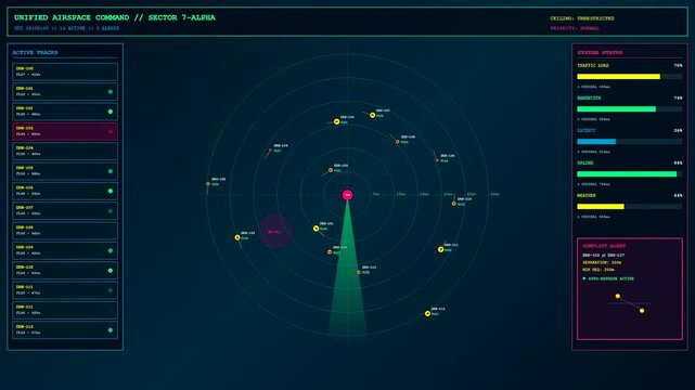 A digital Drone Delivery Network interface displays automated flight paths and system status metrics while circular radar sensors track aerial objects in this futuristic navigation visualization